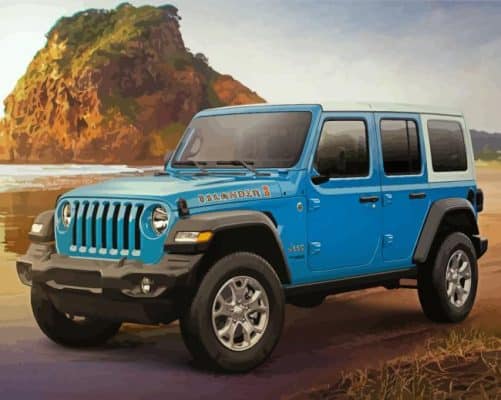 Blue Jeep Car By Beach paint by number