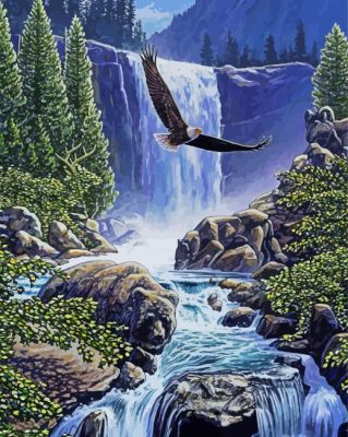 Eagle Over Waterfall paint by number