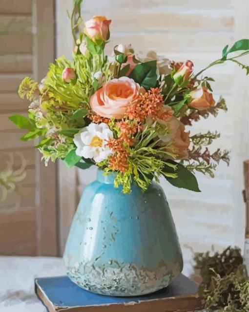 Flowers In Turquoise Vase paint by number
