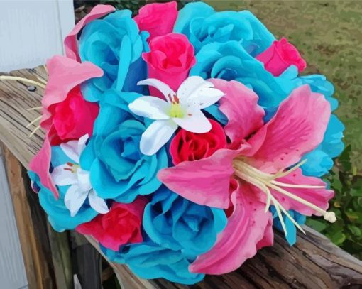 Pink And Turquoise Flowers Bouquet paint by number