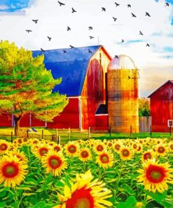 Sunflower And Old Red Barn paint by number