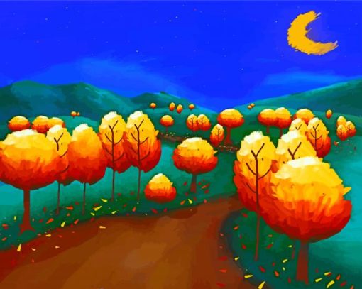 Tree Lined Autumn Road At Night Art Paint by number