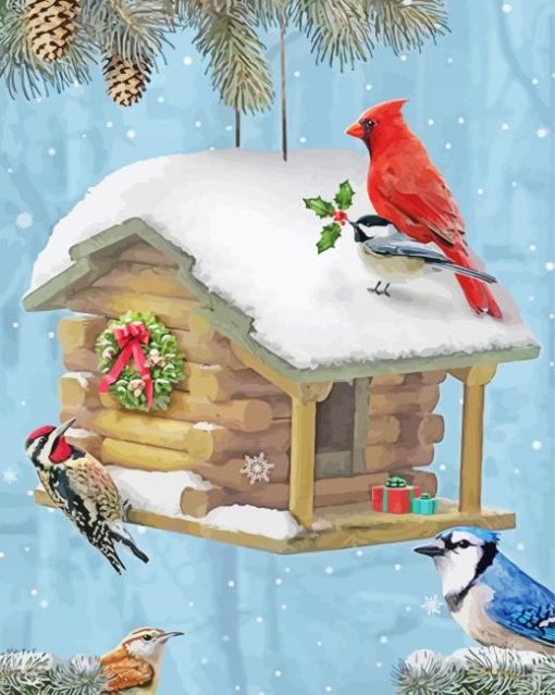 Winter Snow Christmas Birds House paint by number