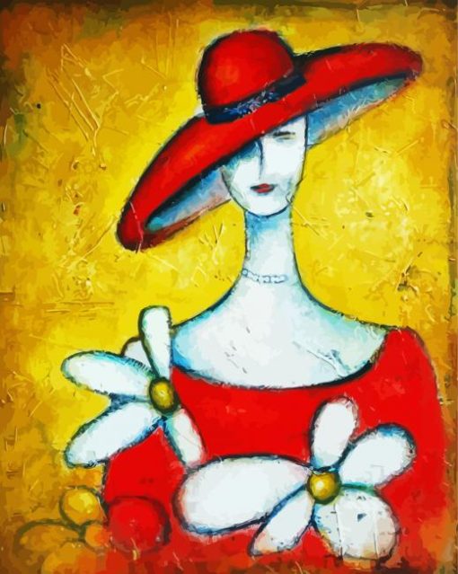 Woman With Red Hat And Flowers paint by number