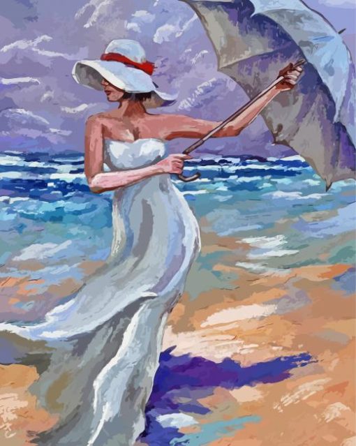 Aesthetic Woman Holding Umbrella On Beach Illustartion paint by number