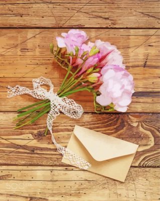 Pink Flowers Bouquet And Envelope paint by number