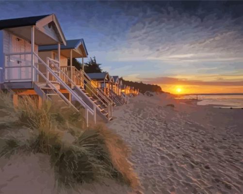 Wells Next The Sea Beach Huts At Sunset paint by number