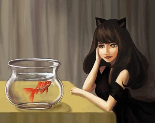 Aesthetic Girl And Gold Fish paint by number