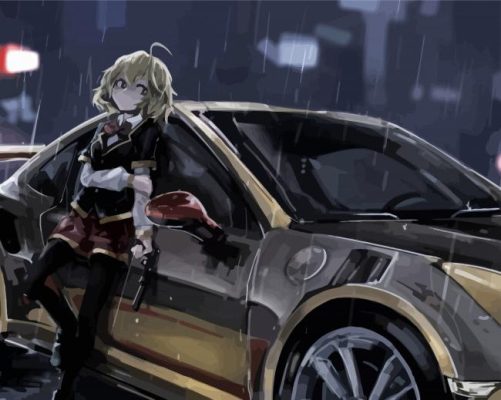 Anime Car And Girl Under Rain paint by number