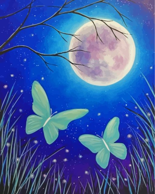 Butterflies And Moon At Night Paint by number