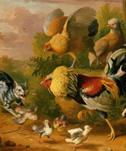 Cat And Chickens In Farm paint by number