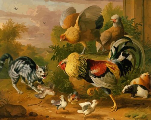 Cat And Chickens In Farm paint by number