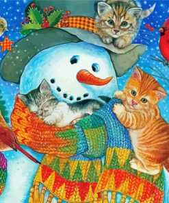 Cat And Kitten Snuggling With Snowman paint by number