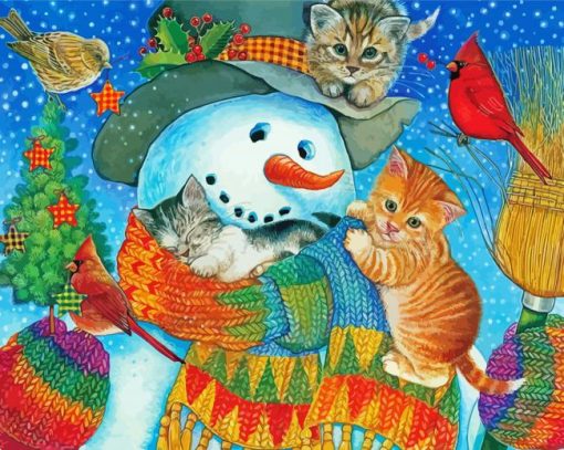 Cat And Kitten Snuggling With Snowman paint by number