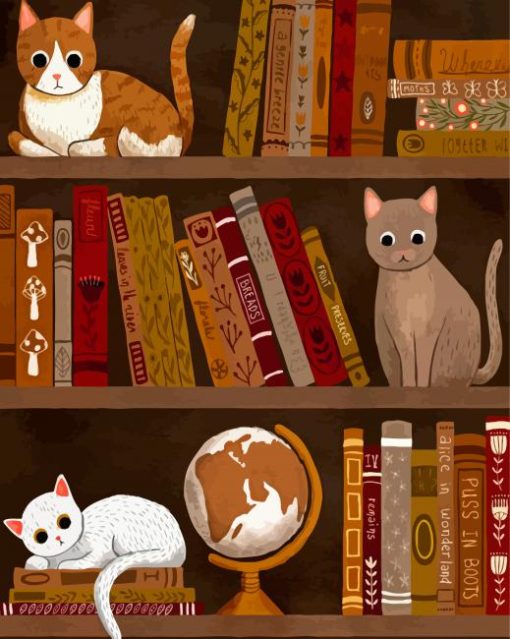 Cat Bookcase Animal Art paint by number