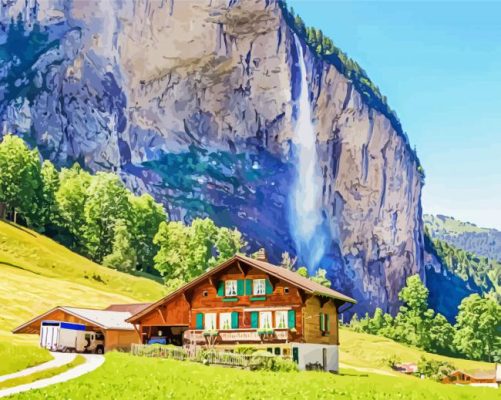 Lauterbrunnen Village Waterfall paint by number