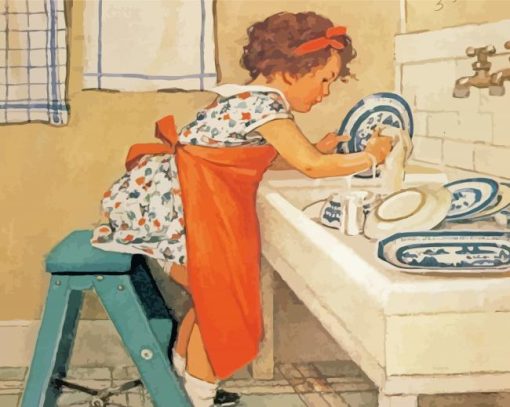 Little Girl Doing The Dishes Paint by number