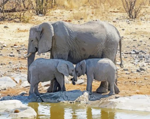 Mom Elephant With Two Babies paint by number