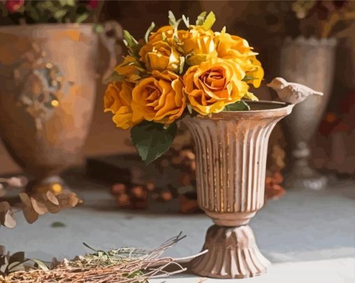 Old Vase And Yellow Roses paint by number