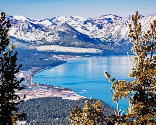 Snowy Lake Tahoe Mountains paint by number