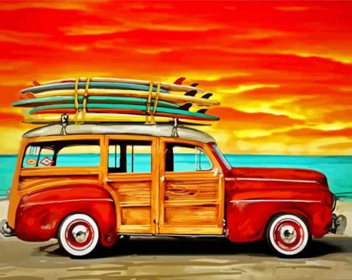 Woodie On Beach At Sunset paint by number