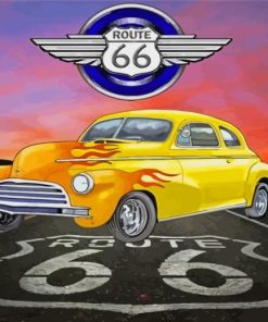 Yellow Hot Classic Rod Car On Road 66 paint by number