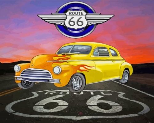 Yellow Hot Classic Rod Car On Road 66 paint by number