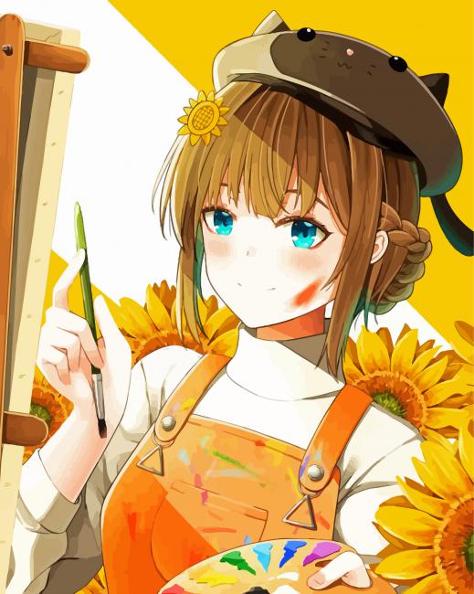 Adorable Sunflower Anime Girl Paint by number