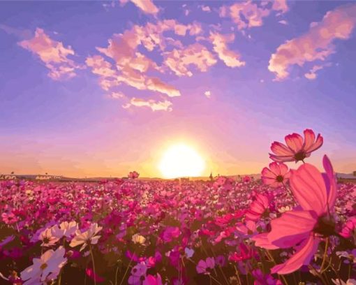 Field Of Flowers With Pink Landscape Paint by number