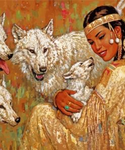 Native Indian Woman With Wolf Family paint by number