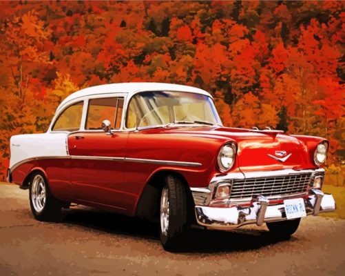 Red Chevy Classic In Fall paint by number