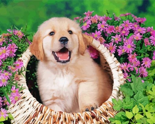 Aesthetic Puppy In Pink Flowers paint by number