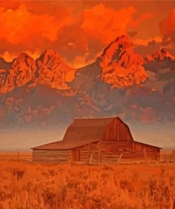 Barn Teton Mountains Sunset paint by number