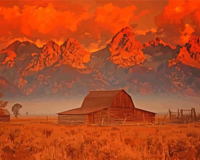 Barn Teton Mountains Sunset paint by number