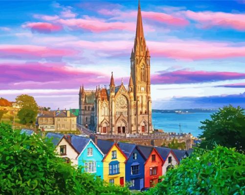 Cobh Cathedral Pink Sunset paint by number