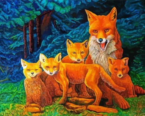 Fox Family In Forest Art paint by number