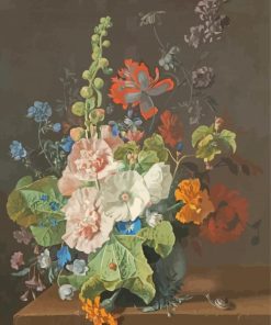 Hollyhocks And Other Flowers In A Vase Van Huysum paint by number