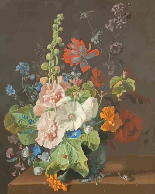Hollyhocks And Other Flowers In A Vase Van Huysum paint by number
