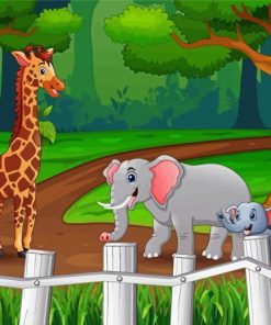 Illustration Of Giraffe And Elephants Walking In The Forest paint by number