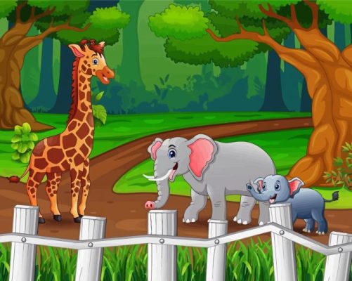 Illustration Of Giraffe And Elephants Walking In The Forest paint by number