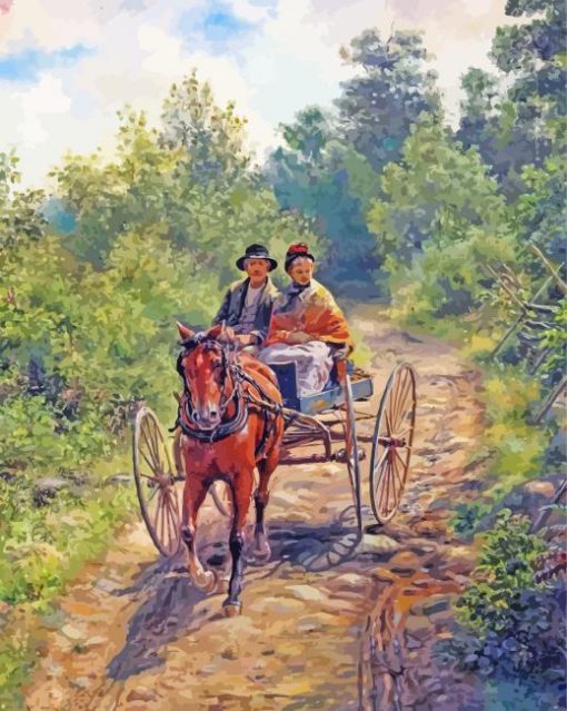 Old Couple On Horse Carriage paint by number