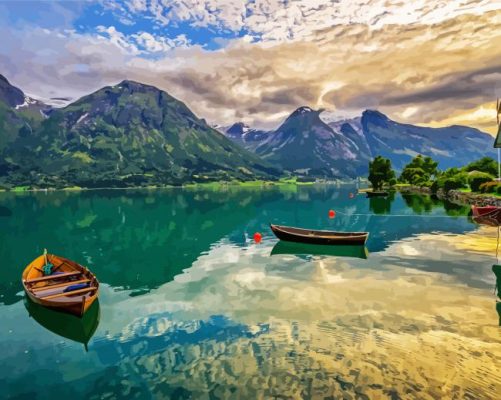 Sunrise Two Boats With Mountain Paint by number