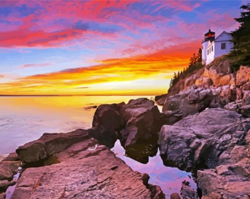 Sunset At Bass Harbor Lighthouse paint by number