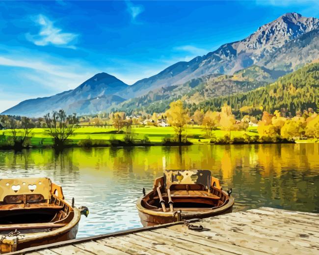 Two Boats With Mountain Landscape paint by number