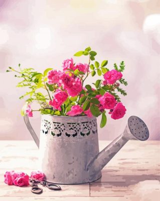 Watering Can With Pink Flowers paint by number