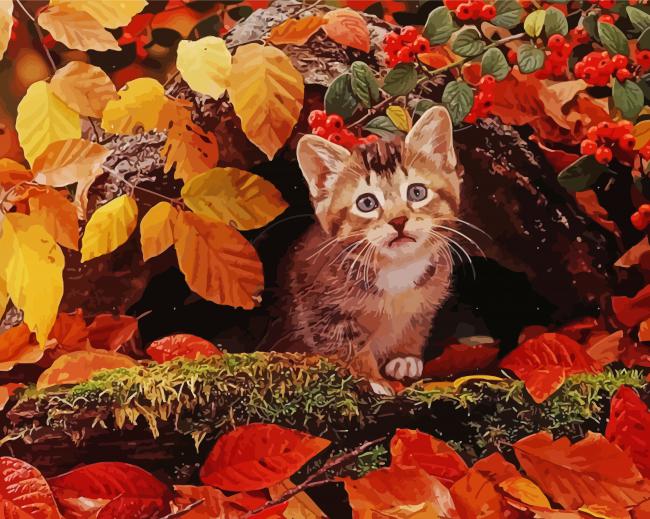 Cat In Autumn Leaves paint by number