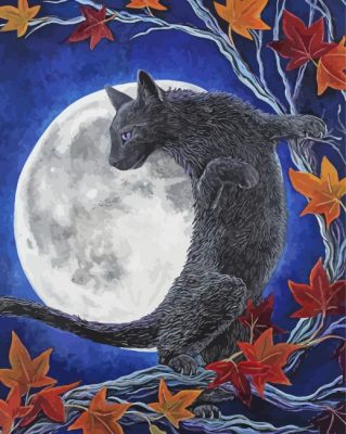 Cat On Tree And Moon paint by number