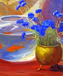 Goldfish Bowl And Blue Flowers paint by number