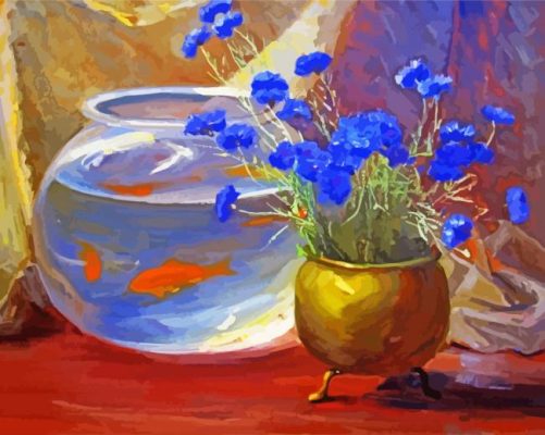 Goldfish Bowl And Blue Flowers paint by number