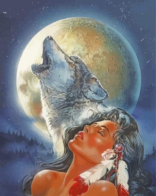 Indian Woman And Wolf Howling paint by number